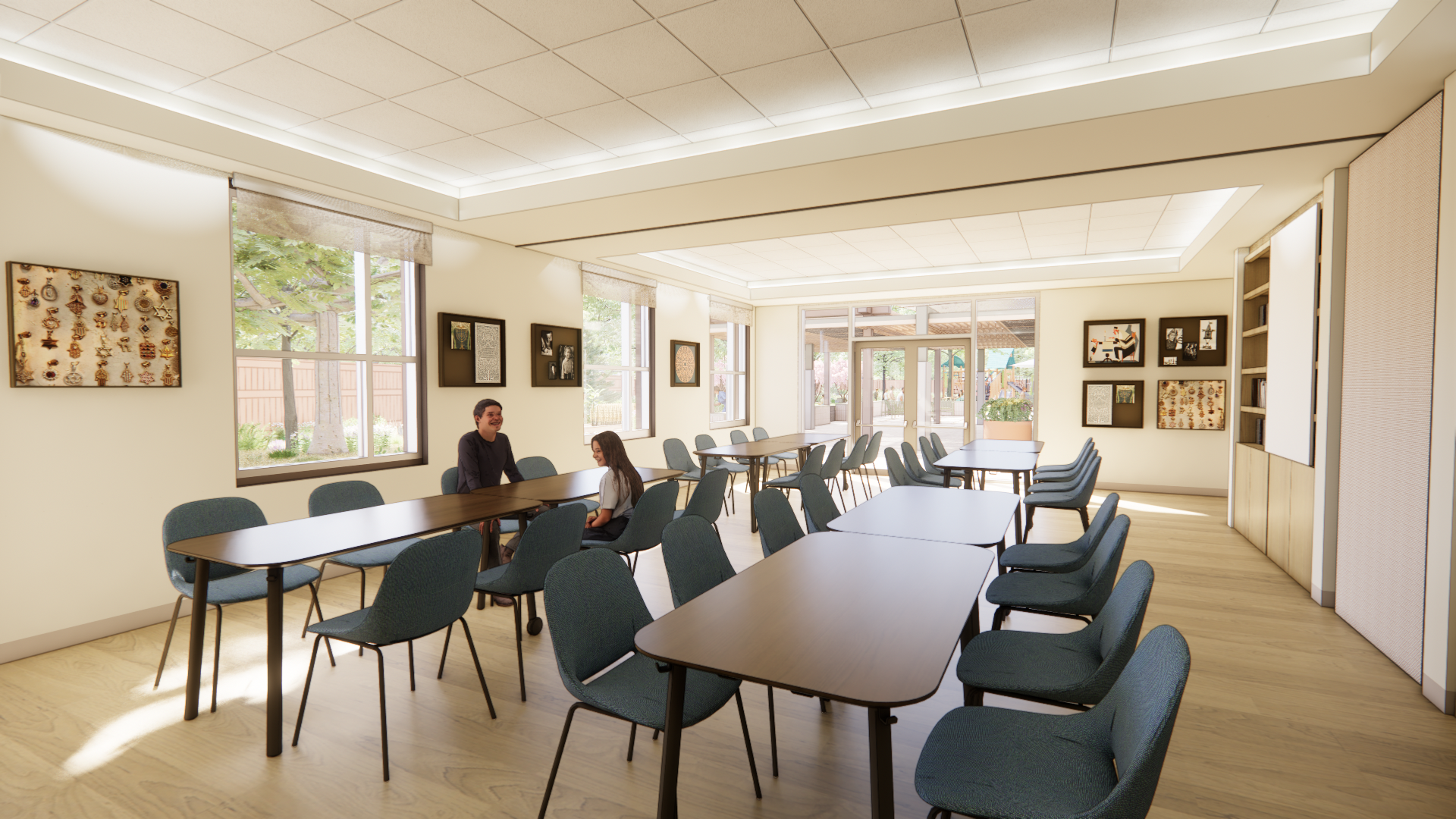 Beit Midrash study hall with natural light and Jewish artwork