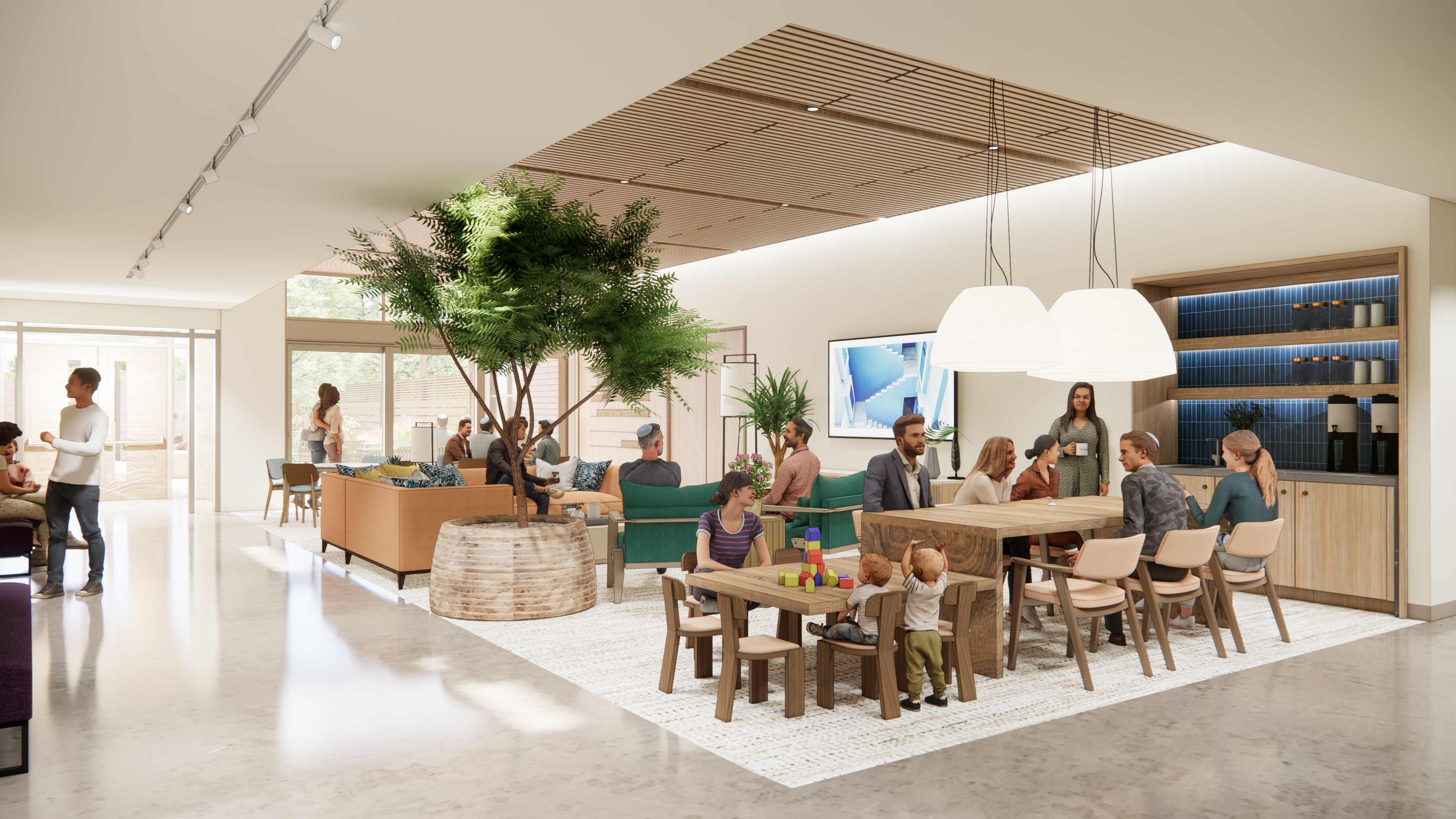 Community court with families gathering, indoor tree, and welcoming atmosphere
