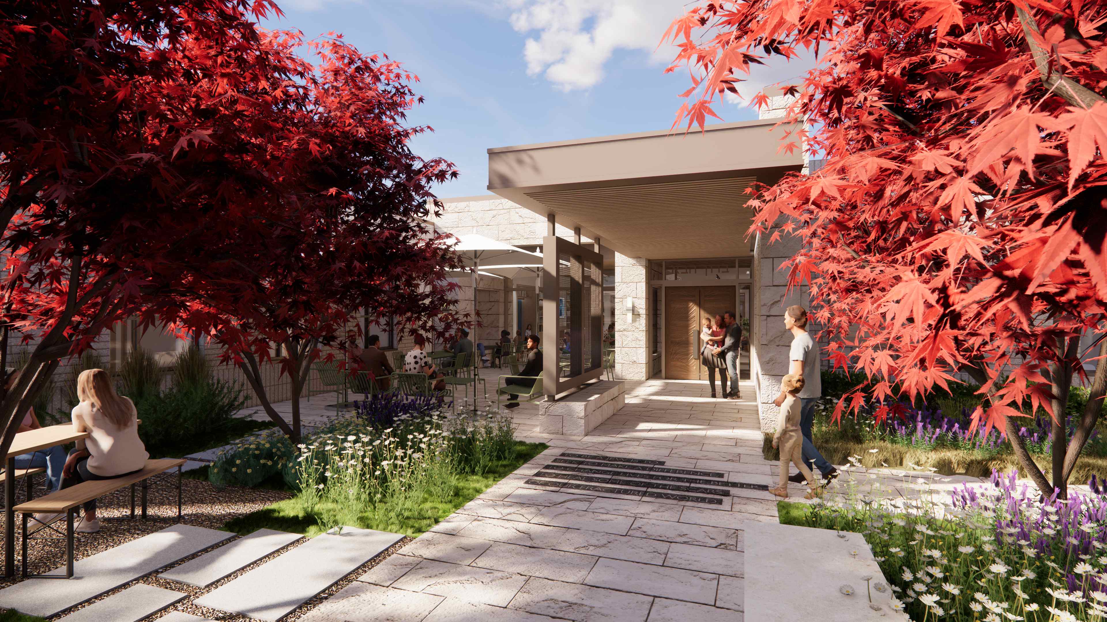Entry garden with beautiful red Japanese maples and welcoming pathway