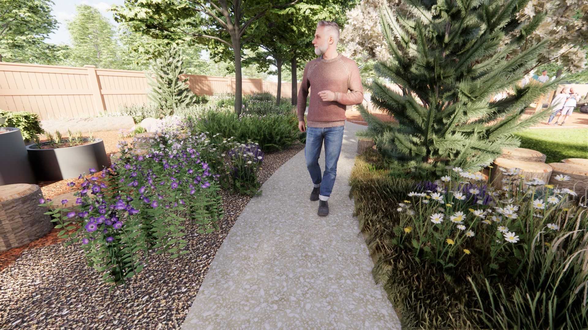 Garden pathway through native Colorado landscaping with wildflowers