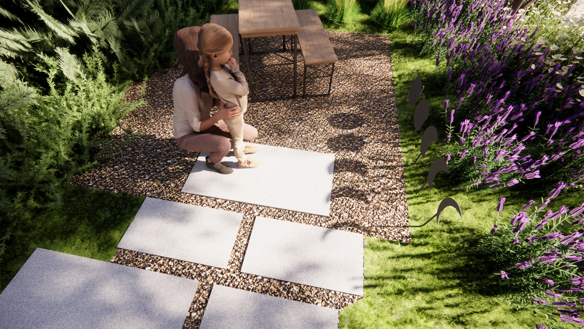 Parent and child in peaceful moon garden with stepping stones