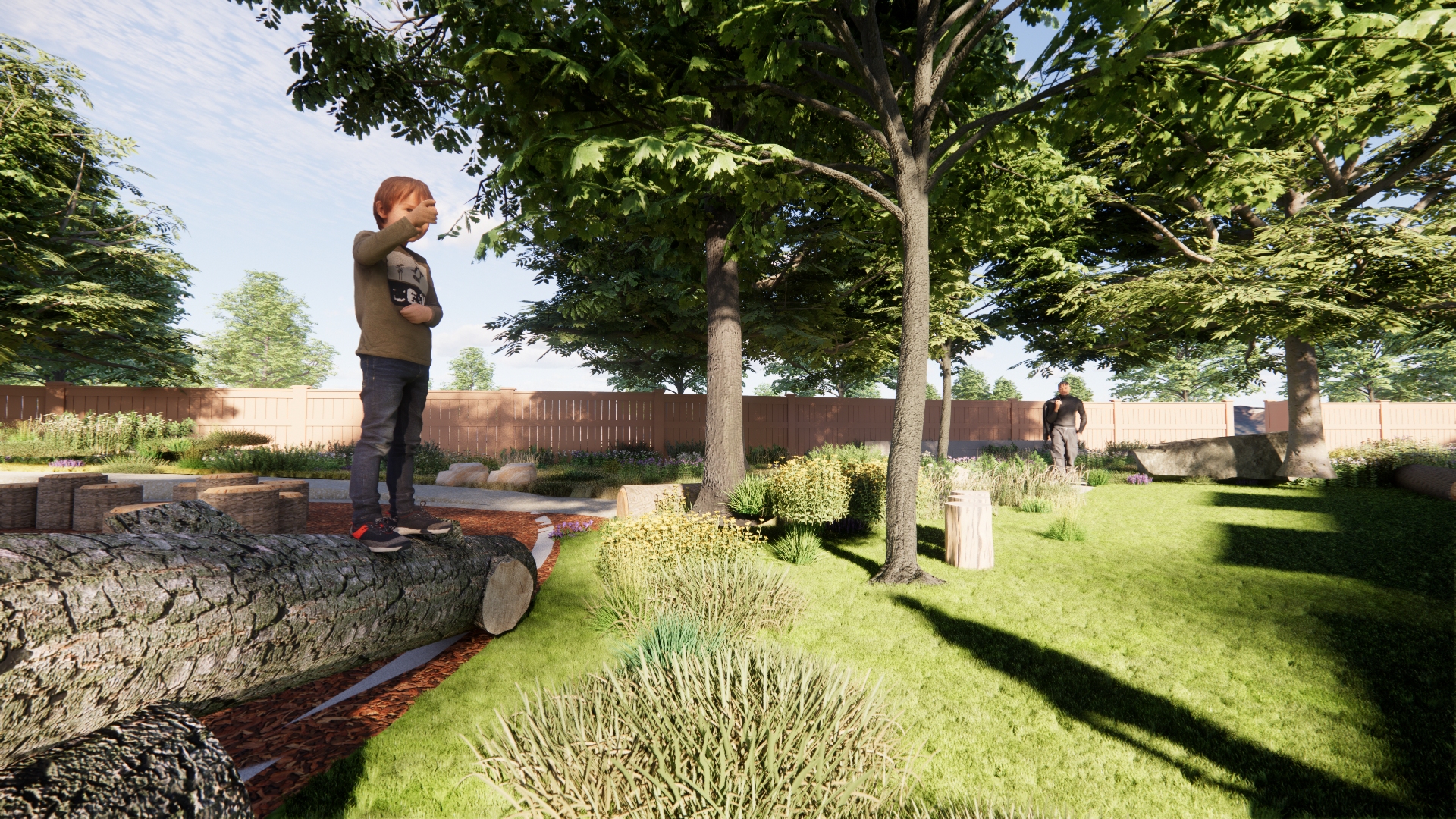 Children playing on natural log elements in nature play area