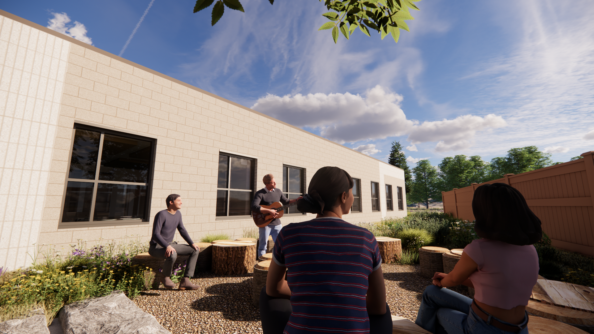 Teens and adults gathering outdoors with guitar under tree canopy
