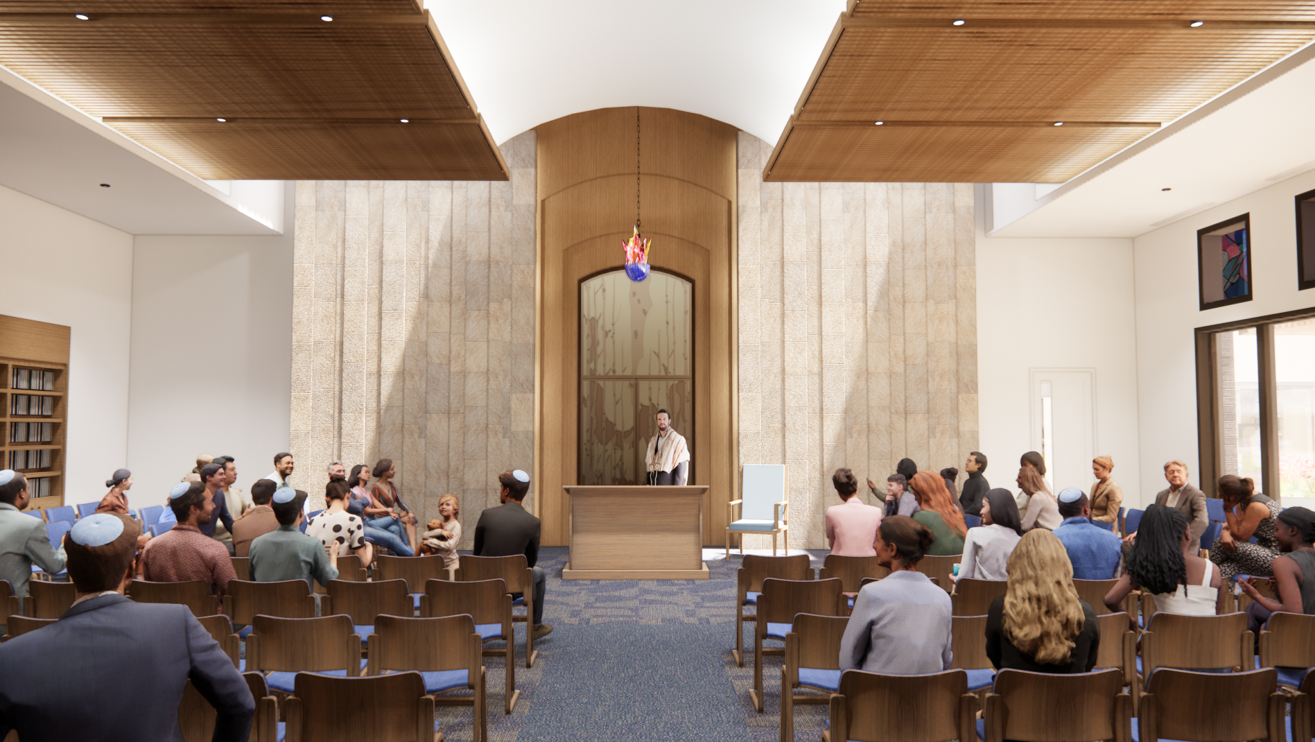 Sanctuary interior with congregation gathered for services, featuring beautiful ark and stained glass